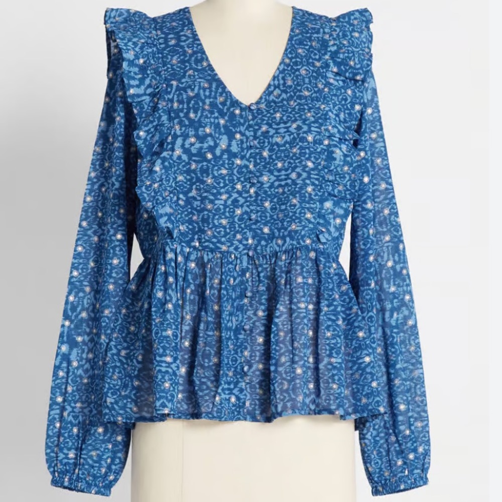 ModCloth Twirl about a Tidal Wave blue silver peplum ruffle long sleeve blouse